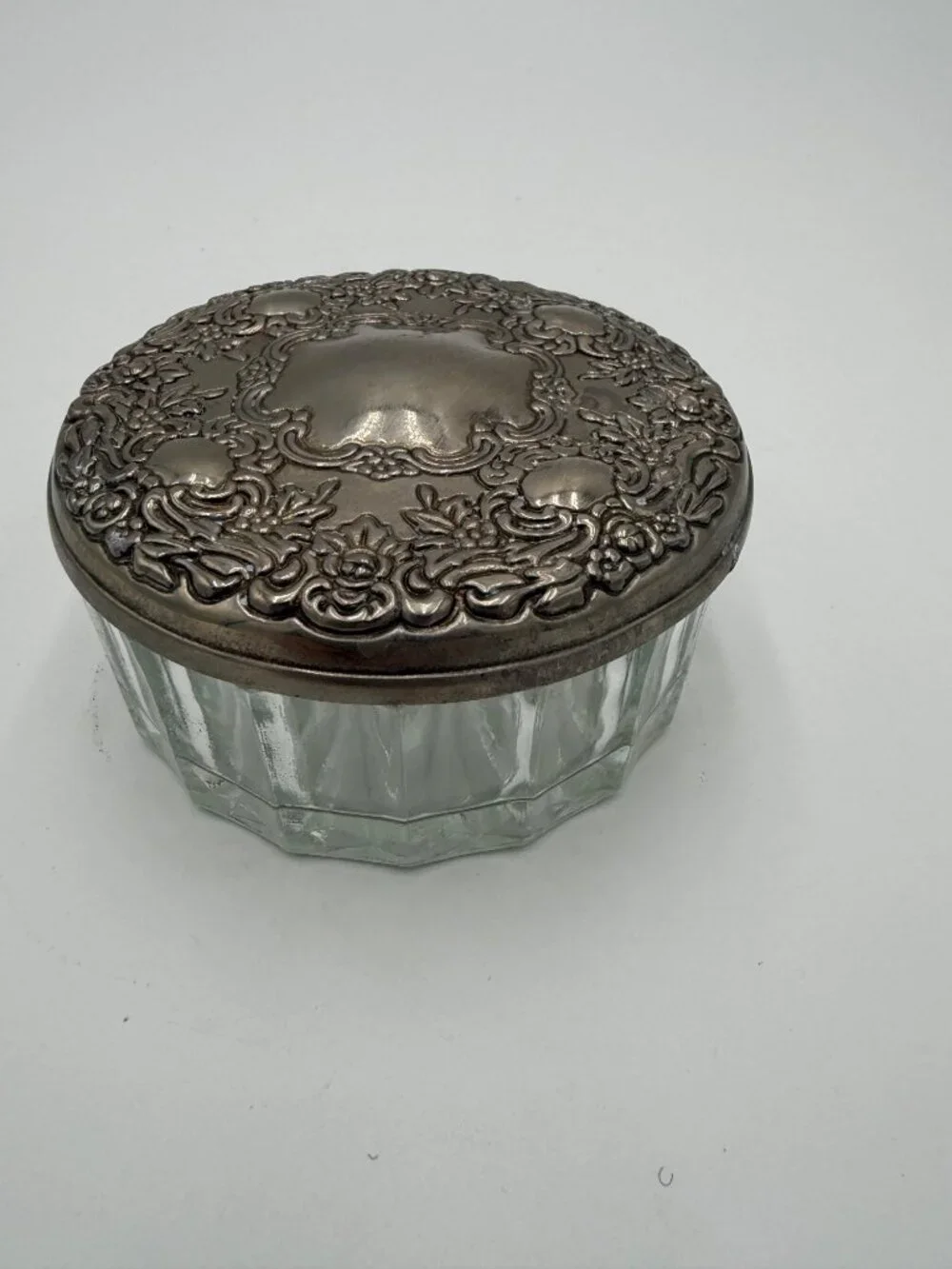 Vintage Glass Vanity Jar Ornate Silver Tone Lid Floral Design Scalloped Body